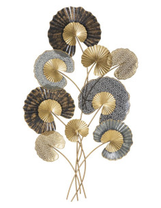 Grande Décoration murale moderne Feuilles de lotus 63x109 Métal Doré Marron Gris Web 