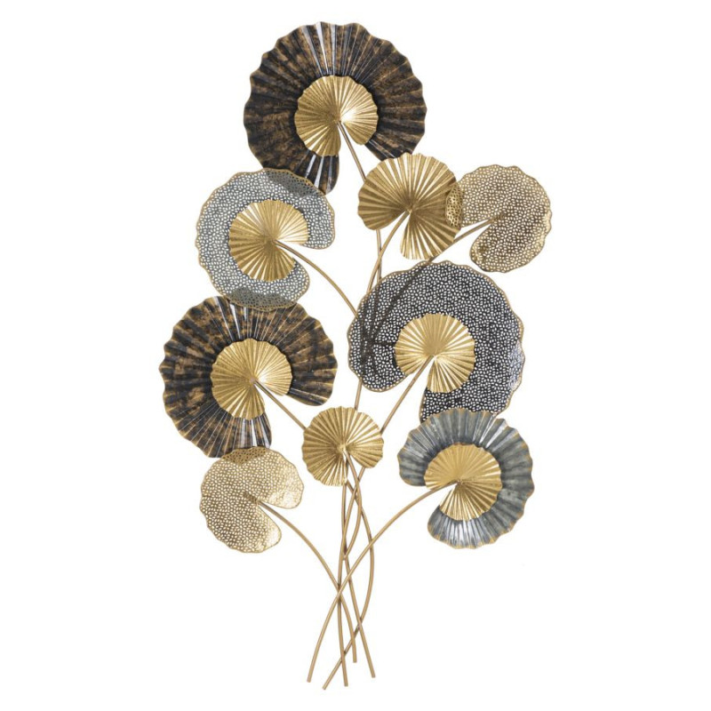 Grande Décoration murale moderne Feuilles de lotus 63x109 Métal Doré Marron Gris Web 