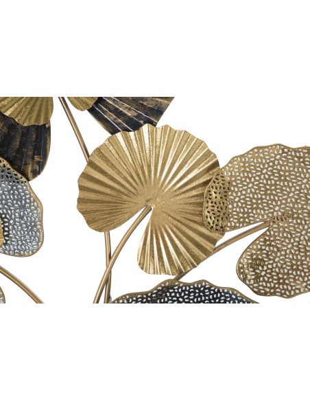 Grande Décoration murale moderne Feuilles de lotus 63x109 Métal Doré Marron Gris Web 