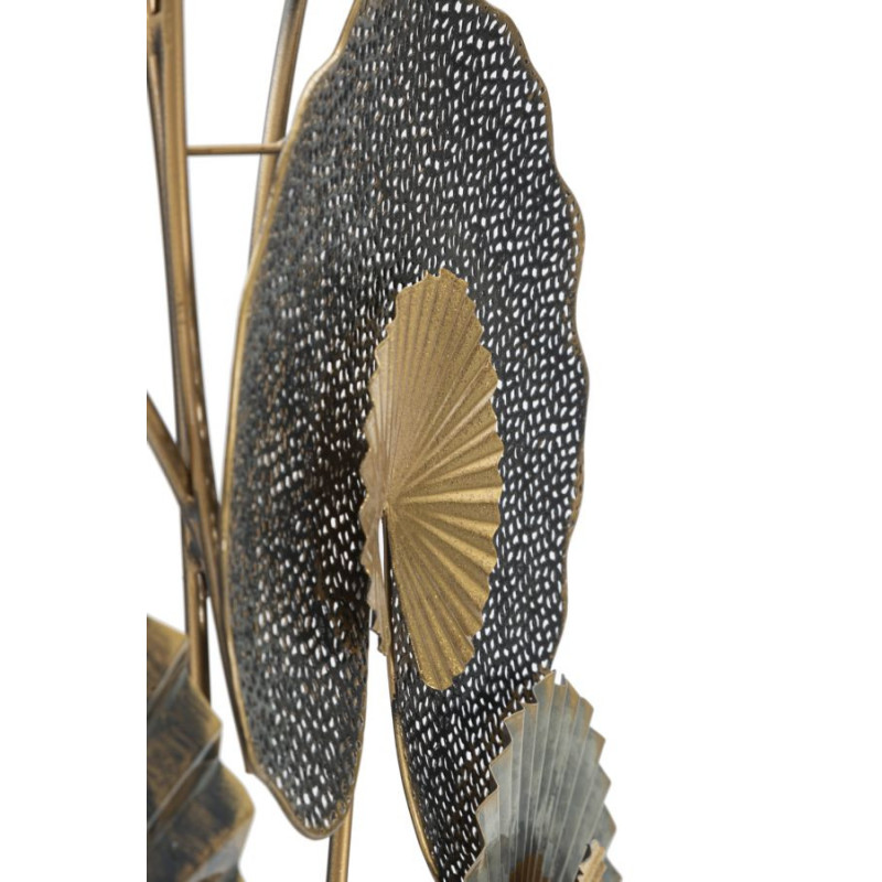 Grande Décoration murale moderne Feuilles de lotus 63x109 Métal Doré Marron Gris Web 