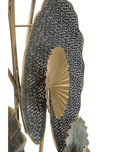 Grande Décoration murale moderne Feuilles de lotus 63x109 Métal Doré Marron Gris Web 