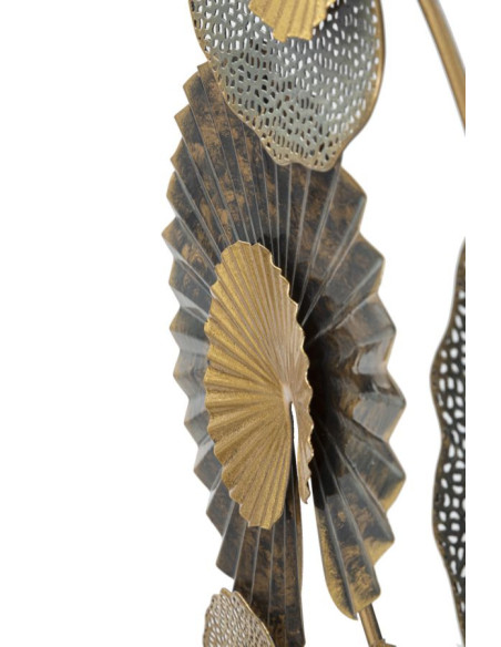 Grande Décoration murale moderne Feuilles de lotus 63x109 Métal Doré Marron Gris Web 