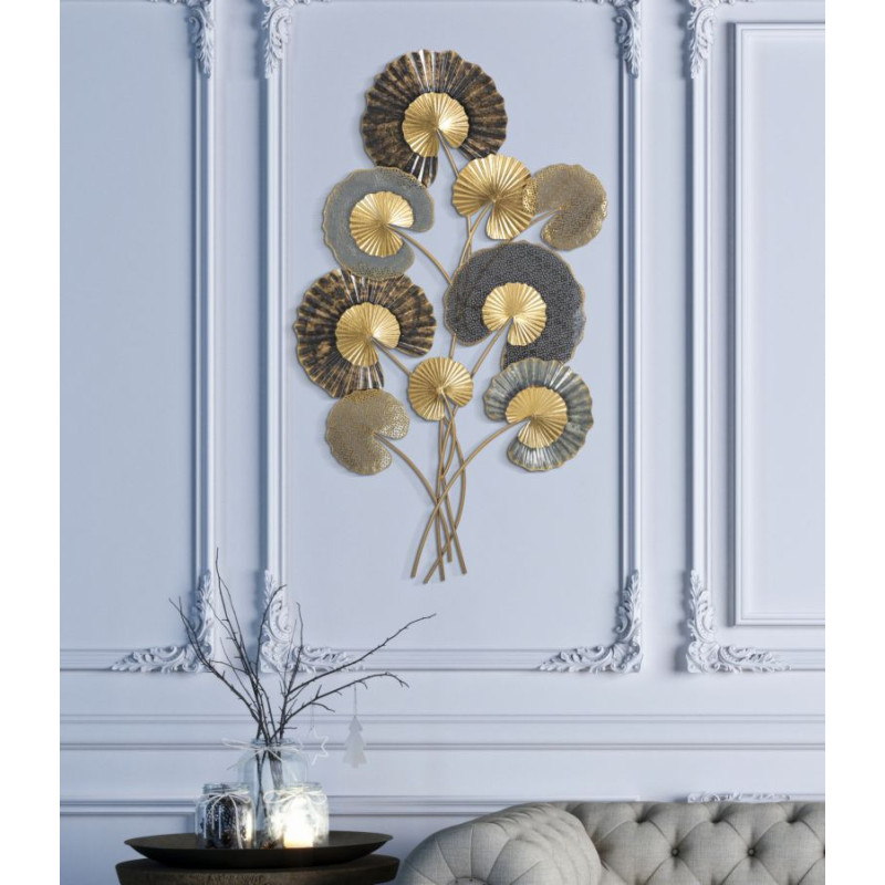 Grande Décoration murale moderne Feuilles de lotus 63x109 Métal Doré Marron Gris Web 