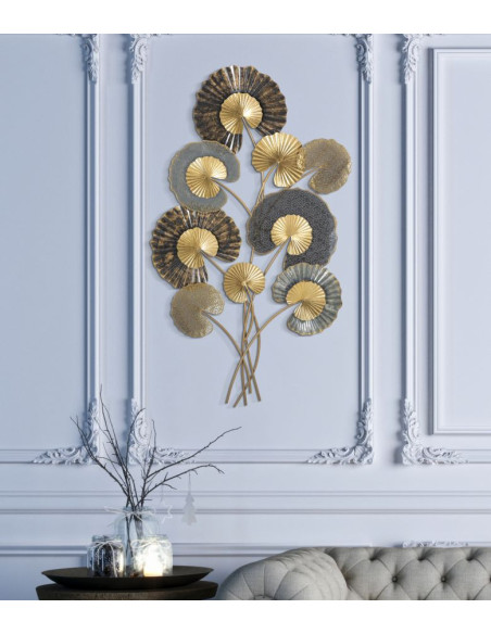 Grande Décoration murale moderne Feuilles de lotus 63x109 Métal Doré Marron Gris Web 
