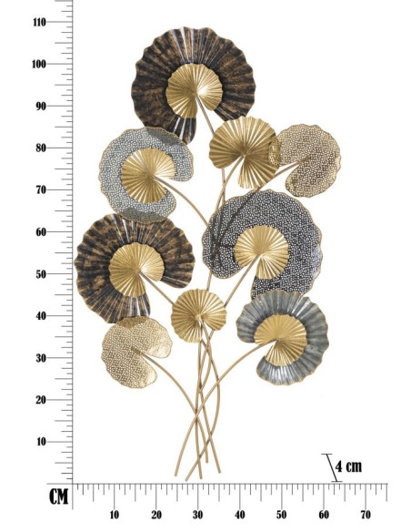 Grande Décoration murale moderne Feuilles de lotus 63x109 Métal Doré Marron Gris Web 