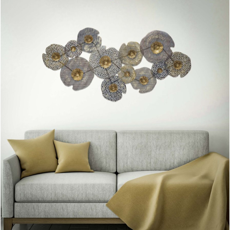 Grande Décoration murale moderne Feuilles Lotus abstraites 119x59 Métal Doré Gris Holes 