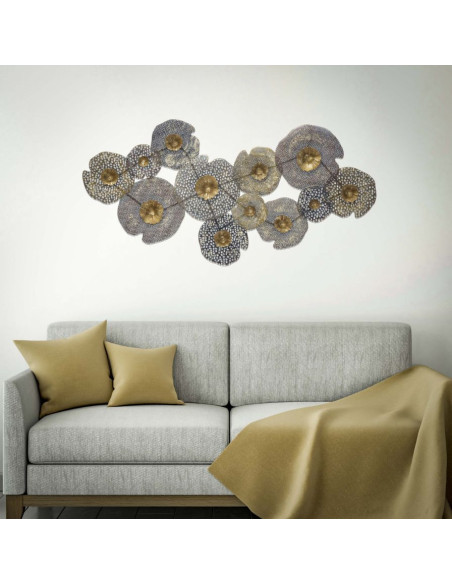 Grande Décoration murale moderne Feuilles Lotus abstraites 119x59 Métal Doré Gris Holes 