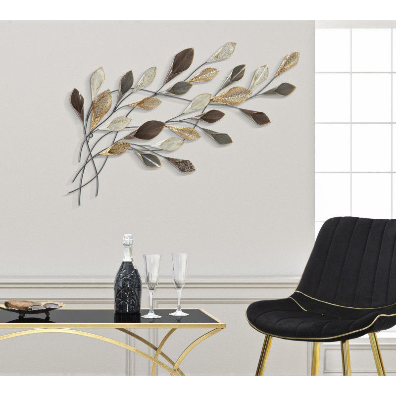 Décoration murale moderne Branches avec feuilles 46x87 Métal Doré Beige Noir Ramo 