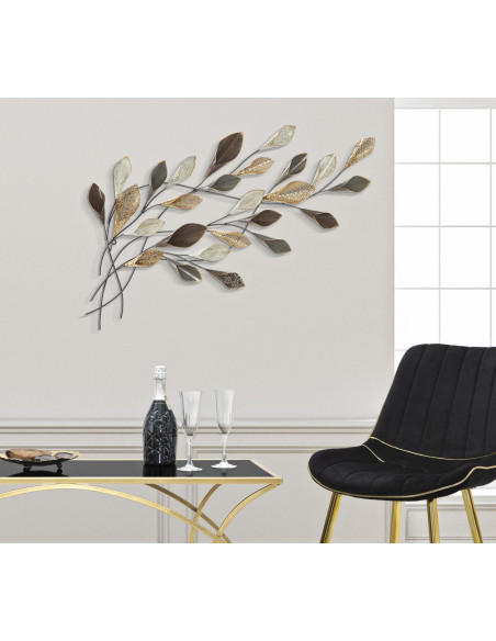 Décoration murale moderne Branches avec feuilles 46x87 Métal Doré Beige Noir Ramo 