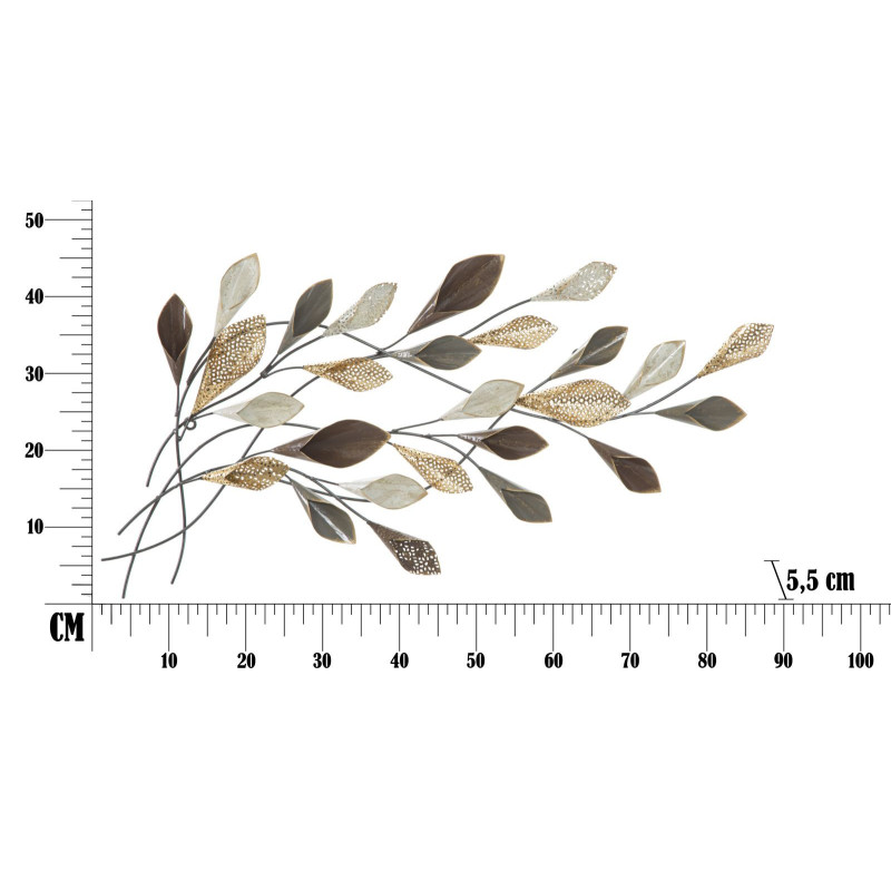 Décoration murale moderne Branches avec feuilles 46x87 Métal Doré Beige Noir Ramo 