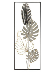 Décoration murale moderne Feuilles tropicales 28x74 Métal Doré Noir Beige Palm A 