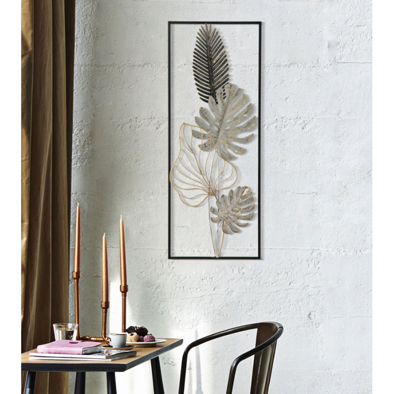 Décoration murale moderne Feuilles tropicales 28x74 Métal Doré Noir Beige Palm A 