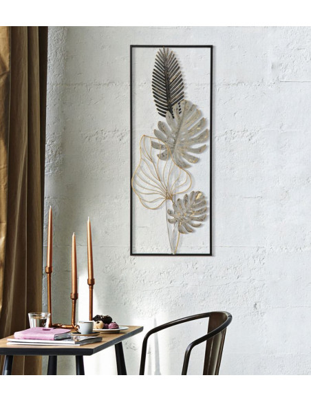 Décoration murale moderne Feuilles tropicales 28x74 Métal Doré Noir Beige Palm A 