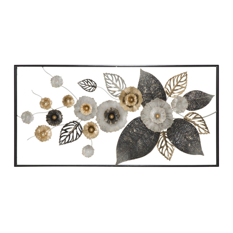 Grande Décoration murale moderne Fleurs 120x59 Métal Noir Gris Doré Frame 