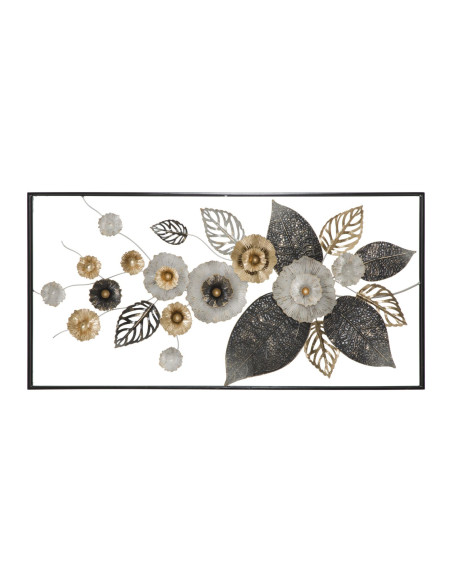 Grande Décoration murale moderne Fleurs 120x59 Métal Noir Gris Doré Frame 