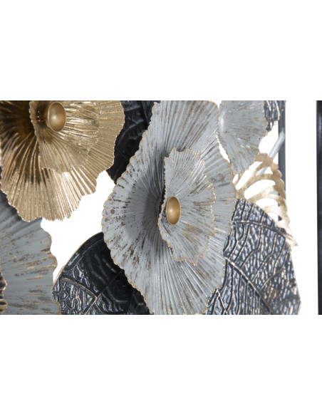 Grande Décoration murale moderne Fleurs 120x59 Métal Noir Gris Doré Frame 