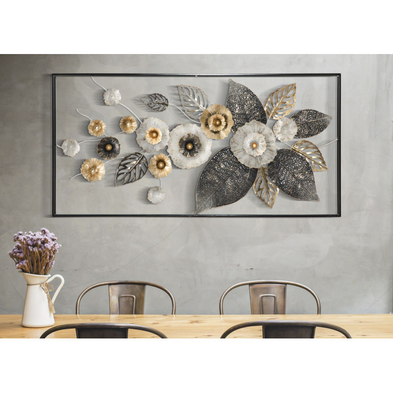 Grande Décoration murale moderne Fleurs 120x59 Métal Noir Gris Doré Frame 