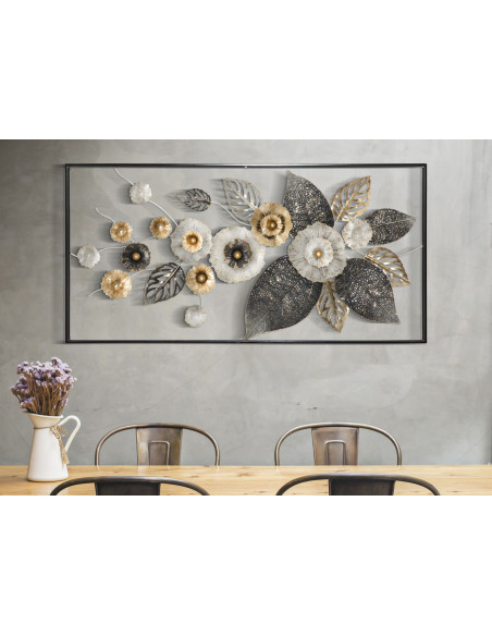 Grande Décoration murale moderne Fleurs 120x59 Métal Noir Gris Doré Frame 