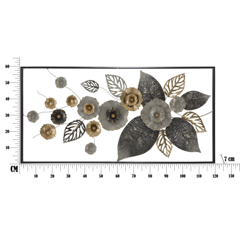 Grande Décoration murale moderne Fleurs 120x59 Métal Noir Gris Doré Frame 