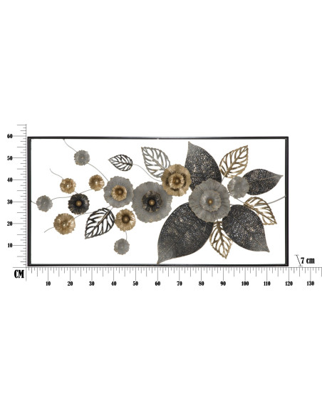 Grande Décoration murale moderne Fleurs 120x59 Métal Noir Gris Doré Frame 