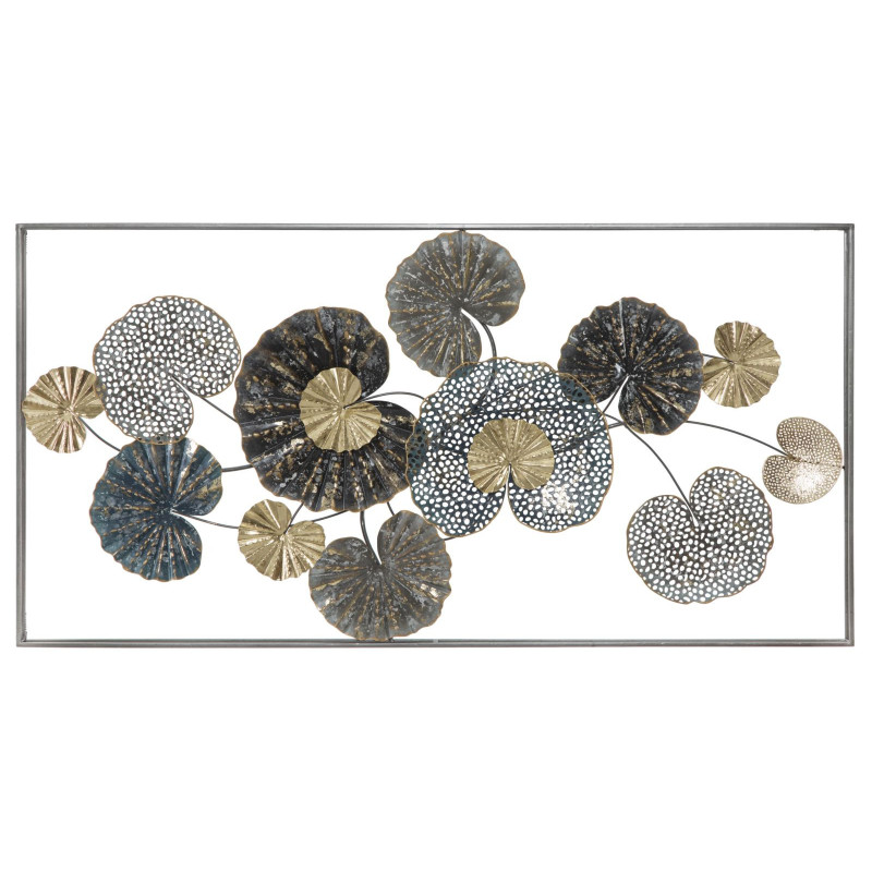 Grande Décoration murale moderne Feuilles 134x68 Métal Gris Vert Doré Frame 