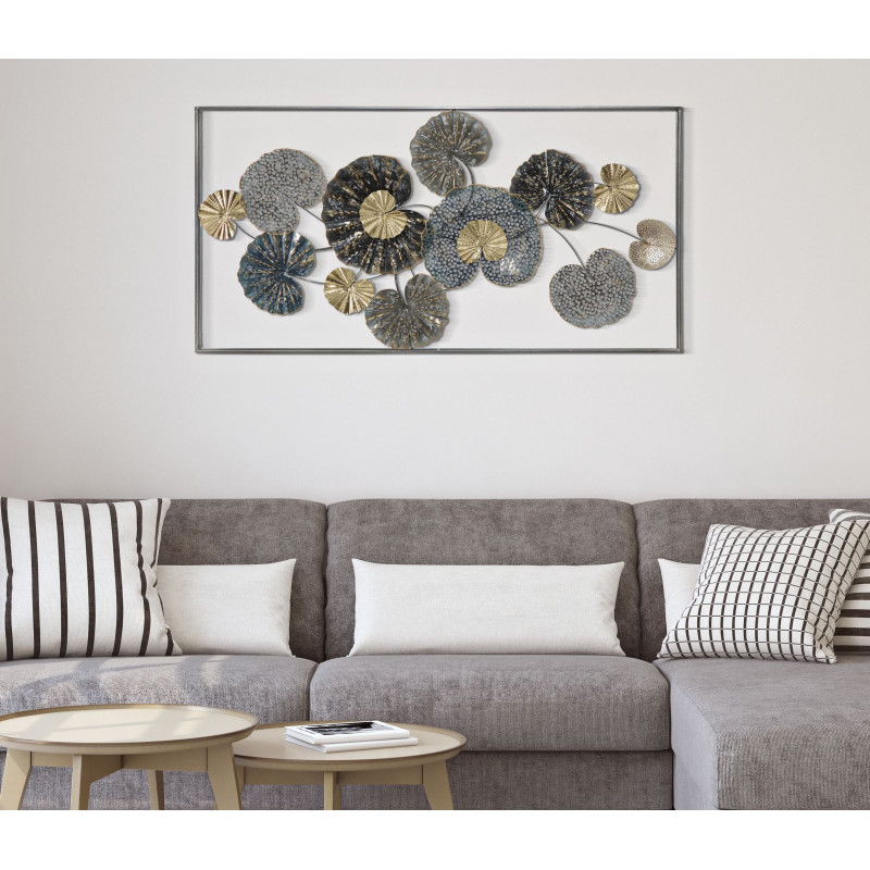 Grande Décoration murale moderne Feuilles 134x68 Métal Gris Vert Doré Frame 