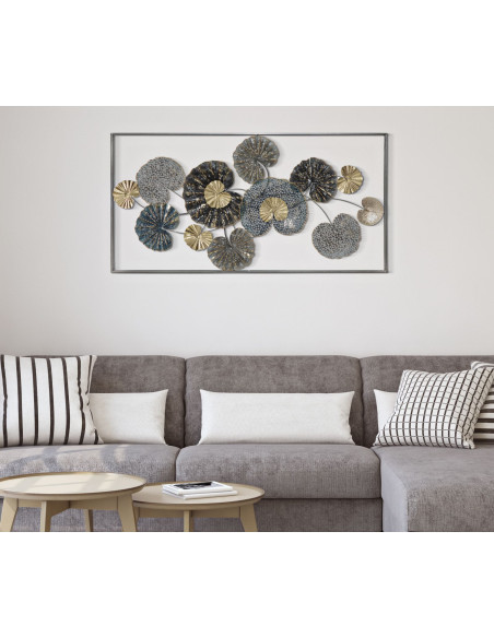 Grande Décoration murale moderne Feuilles 134x68 Métal Gris Vert Doré Frame 