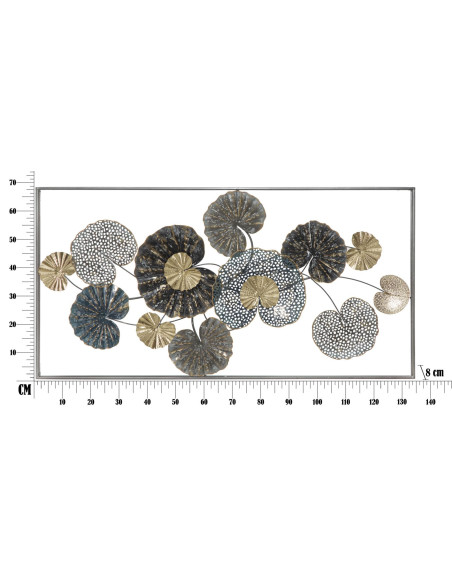 Grande Décoration murale moderne Feuilles 134x68 Métal Gris Vert Doré Frame 