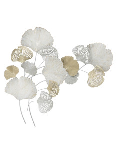 Grande Décoration murale moderne Feuilles ginkgo 85x113 Métal Blanc crème Doré Silvy 