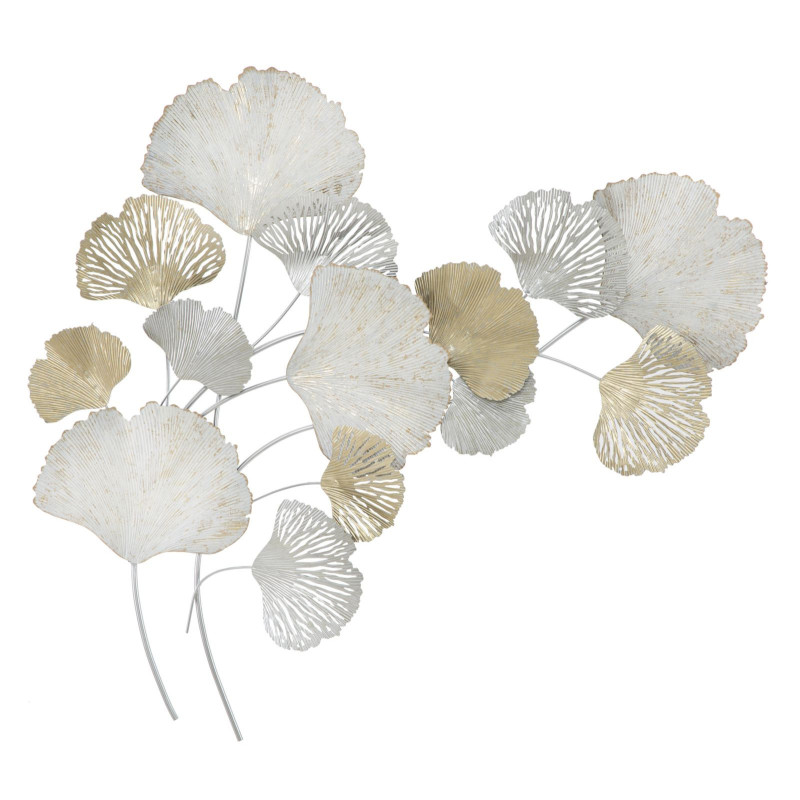 Grande Décoration murale moderne Feuilles ginkgo 85x113 Métal Blanc crème Doré Silvy 