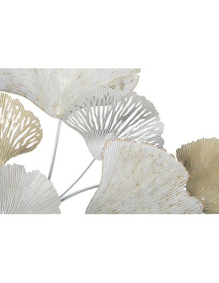 Grande Décoration murale moderne Feuilles ginkgo 85x113 Métal Blanc crème Doré Silvy 