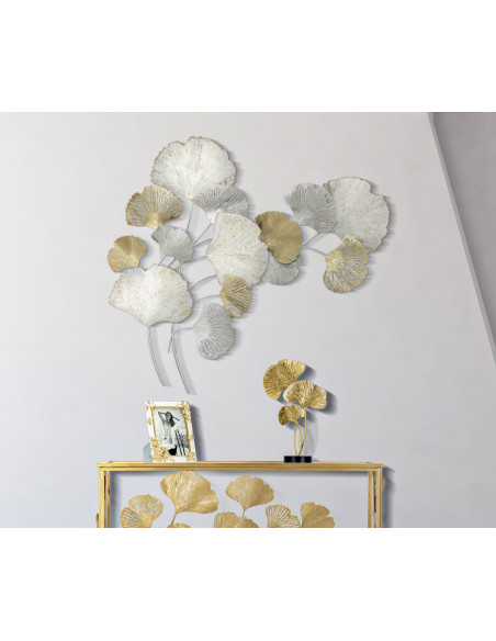 Grande Décoration murale moderne Feuilles ginkgo 85x113 Métal Blanc crème Doré Silvy 