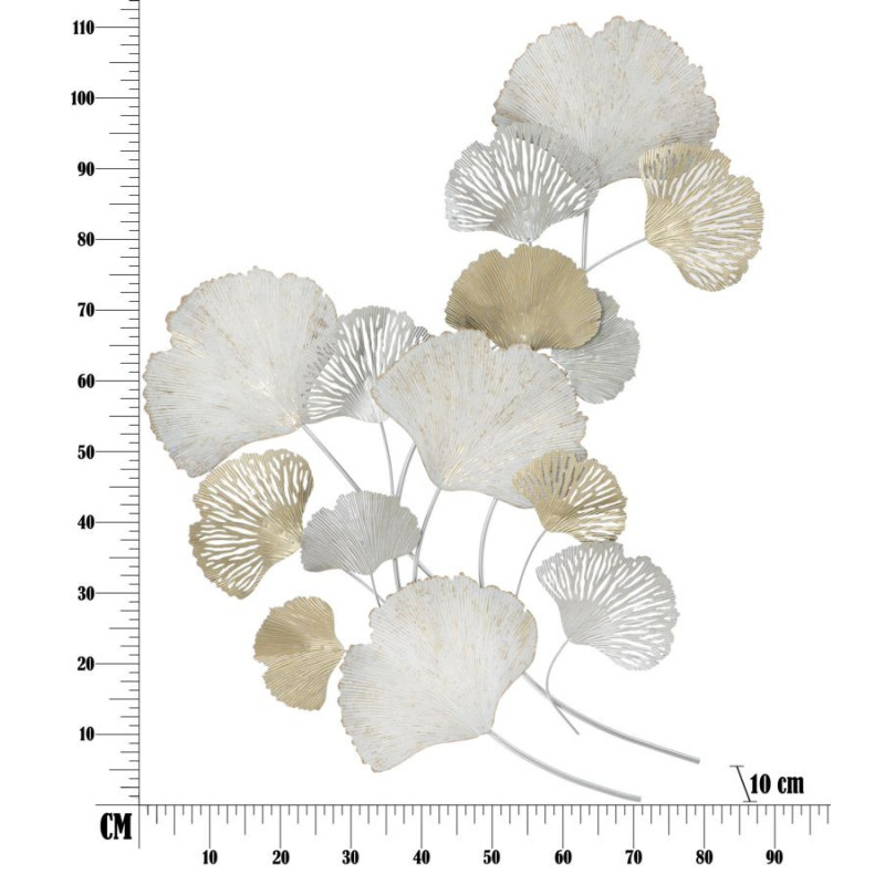 Grande Décoration murale moderne Feuilles ginkgo 85x113 Métal Blanc crème Doré Silvy 