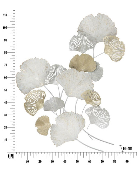 Grande Décoration murale moderne Feuilles ginkgo 85x113 Métal Blanc crème Doré Silvy 