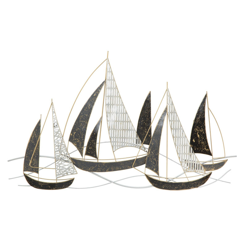 Décoration murale bord de mer Voiliers 91x55 Métal Noir Blanc crème Doré Veliero 