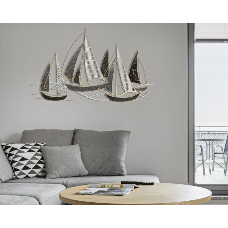 Décoration murale bord de mer Voiliers 91x55 Métal Noir Blanc crème Doré Veliero 