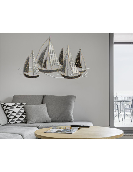 Décoration murale bord de mer Voiliers 91x55 Métal Noir Blanc crème Doré Veliero 