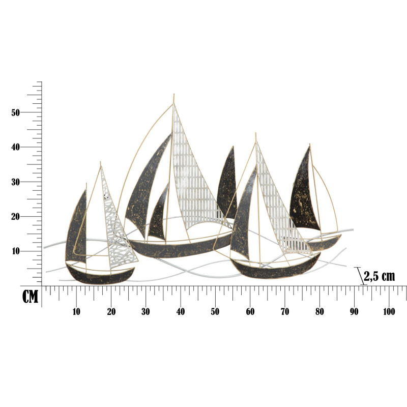 Décoration murale bord de mer Voiliers 91x55 Métal Noir Blanc crème Doré Veliero 