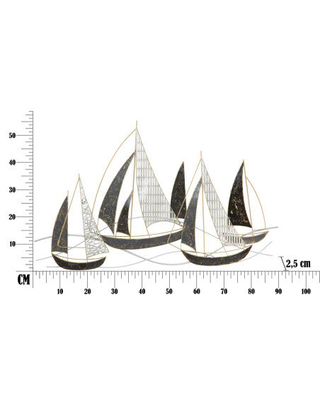 Décoration murale bord de mer Voiliers 91x55 Métal Noir Blanc crème Doré Veliero 