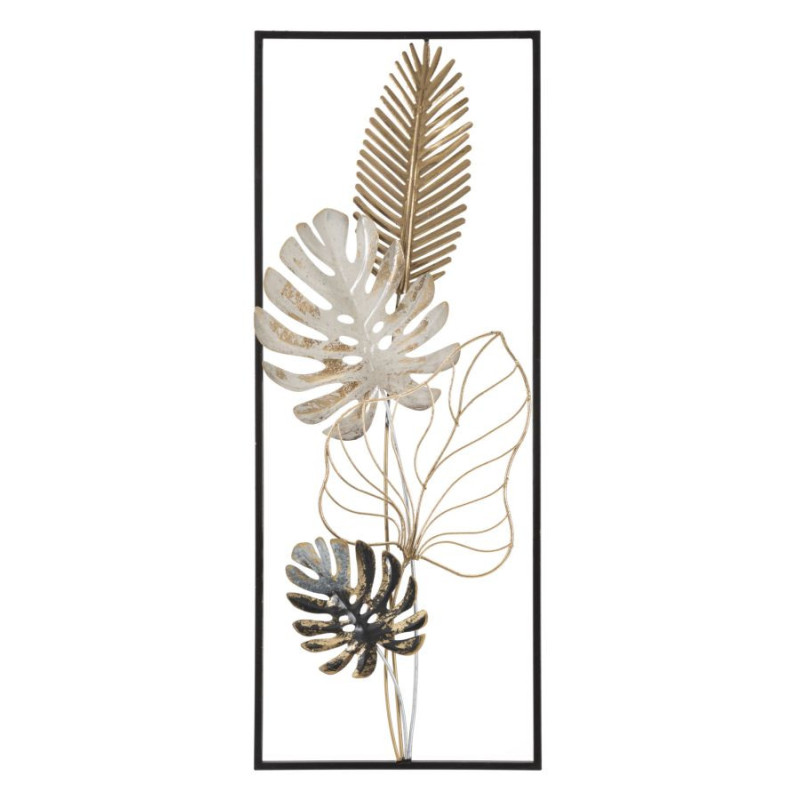 Décoration murale moderne Feuilles tropicales 28x74 Métal Doré Noir Beige Palm B 