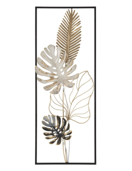 Décoration murale moderne Feuilles tropicales 28x74 Métal Doré Noir Beige Palm B 