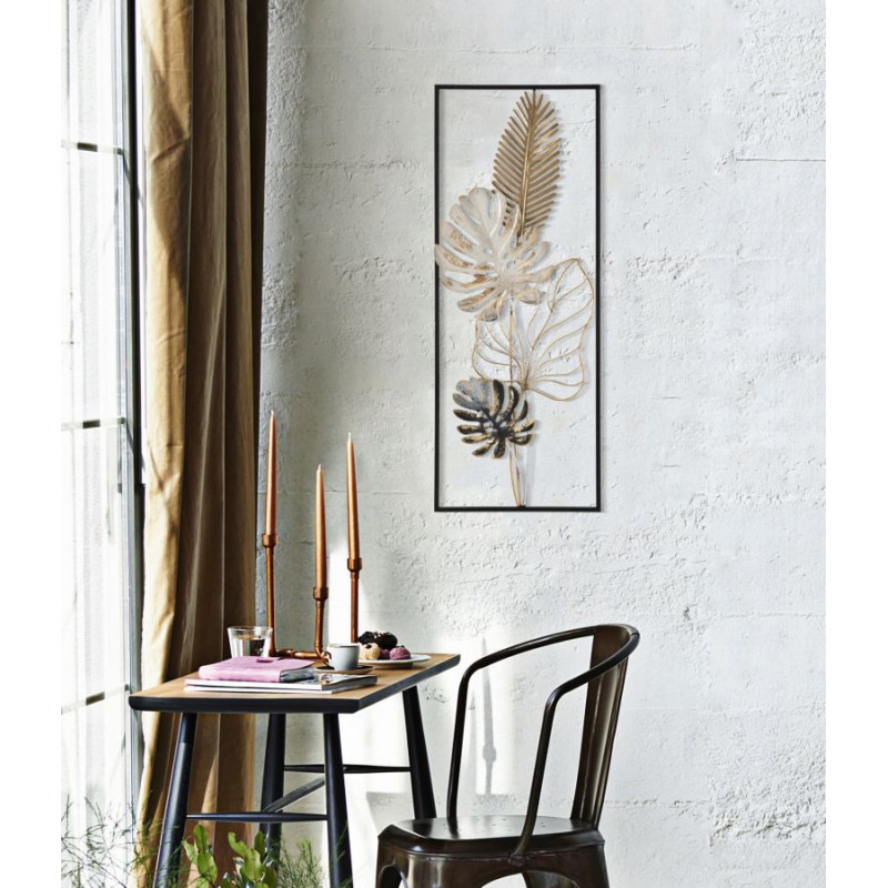 Décoration murale moderne Feuilles tropicales 28x74 Métal Doré Noir Beige Palm B 