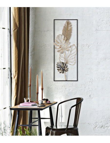Décoration murale moderne Feuilles tropicales 28x74 Métal Doré Noir Beige Palm B 