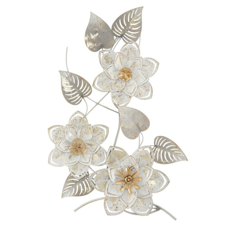 Décoration murale bohème Fleurs & Feuilles 39x67 Métal Blanc crème Doré Gris Artic 