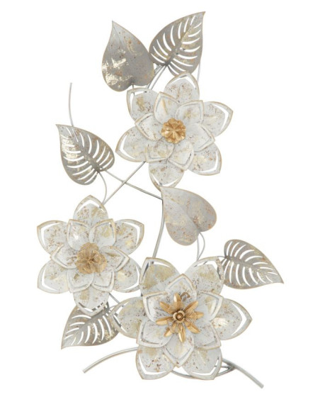 Décoration murale bohème Fleurs & Feuilles 39x67 Métal Blanc crème Doré Gris Artic 