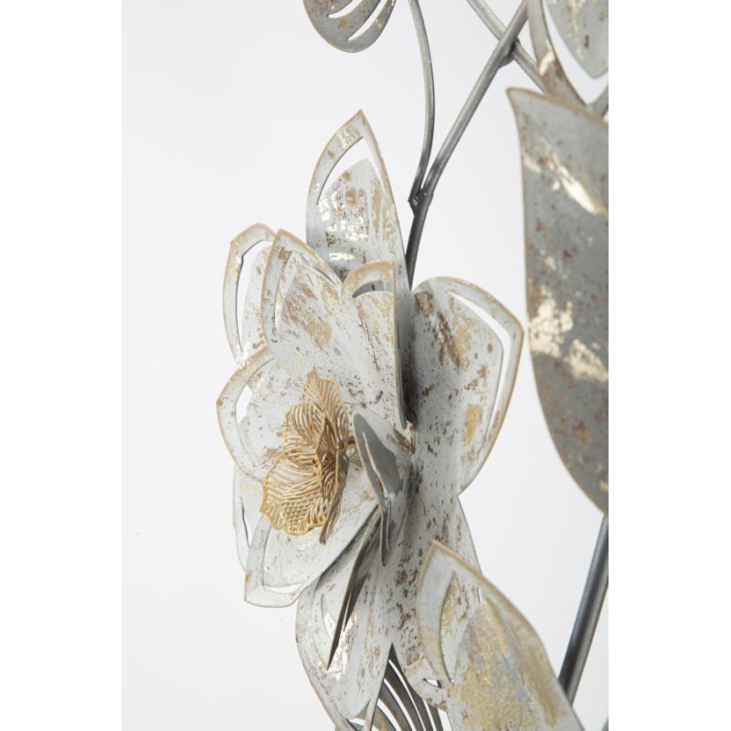 Décoration murale bohème Fleurs & Feuilles 39x67 Métal Blanc crème Doré Gris Artic 