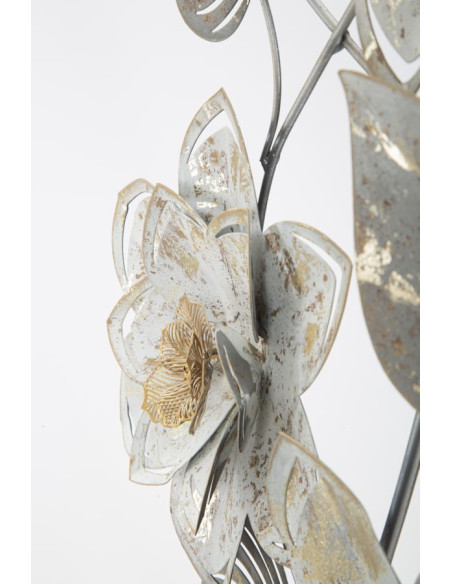 Décoration murale bohème Fleurs & Feuilles 39x67 Métal Blanc crème Doré Gris Artic 