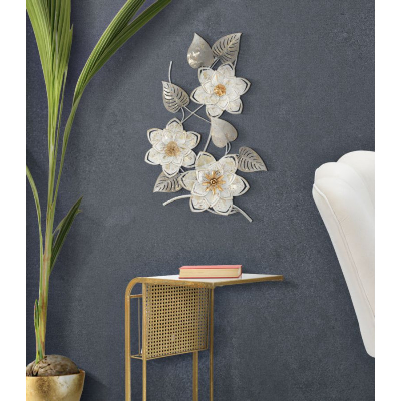 Décoration murale bohème Fleurs & Feuilles 39x67 Métal Blanc crème Doré Gris Artic 