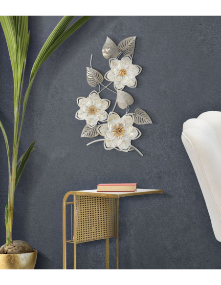 Décoration murale bohème Fleurs & Feuilles 39x67 Métal Blanc crème Doré Gris Artic 