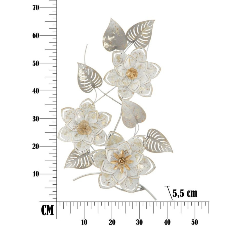 Décoration murale bohème Fleurs & Feuilles 39x67 Métal Blanc crème Doré Gris Artic 